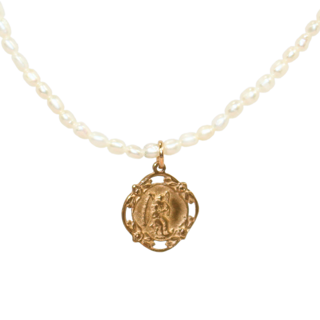 Fw Pearl Bronze St. Christopher Medal Necklace