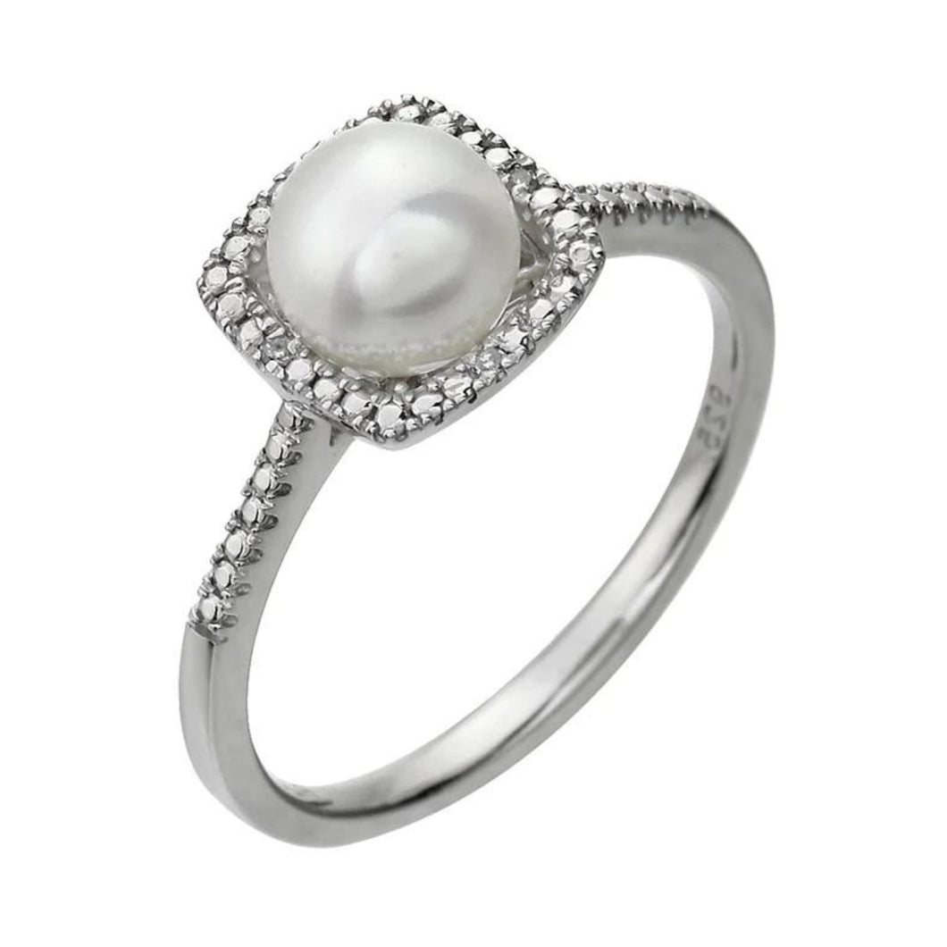 Sterling Birthstone Ring With 7mm Fresh Water Pearl and Diamonds