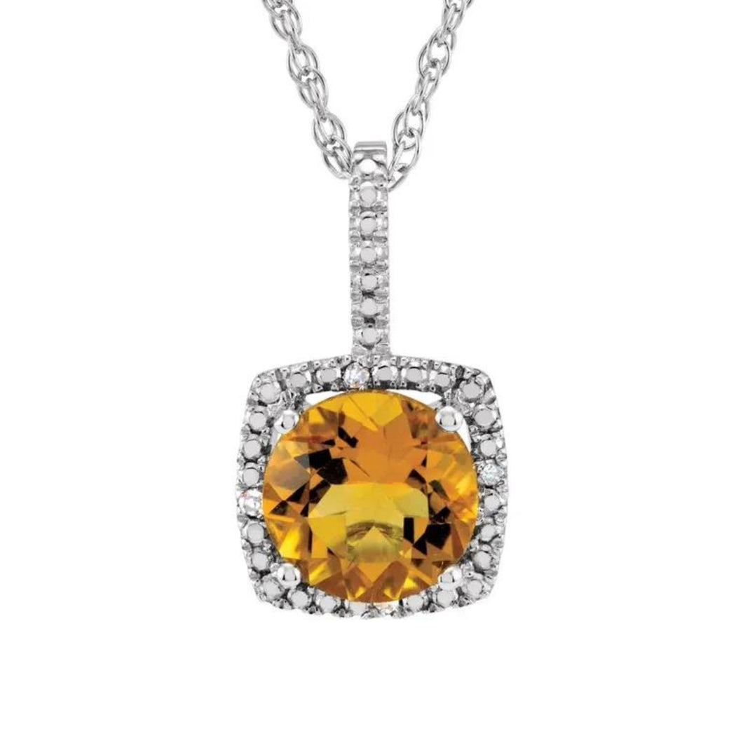 Sterling Genuine Citrine And Diamond Necklace