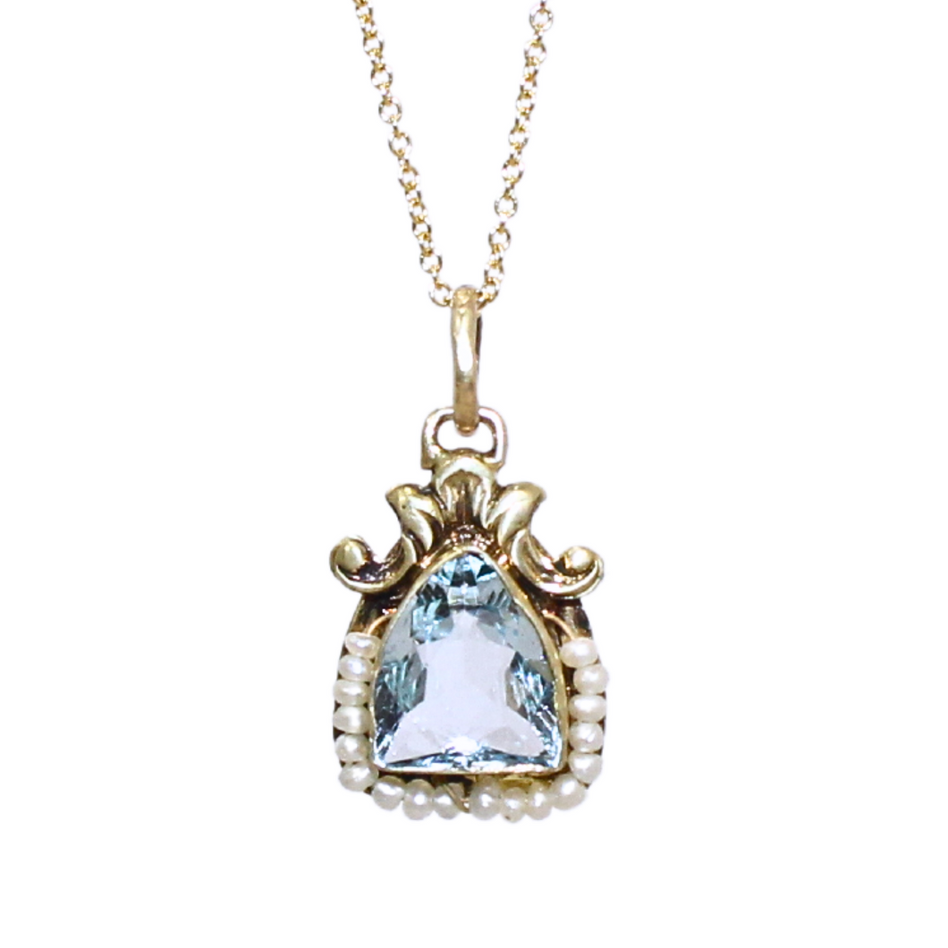 Aquamarine And Seed Pearl Pendant Necklace