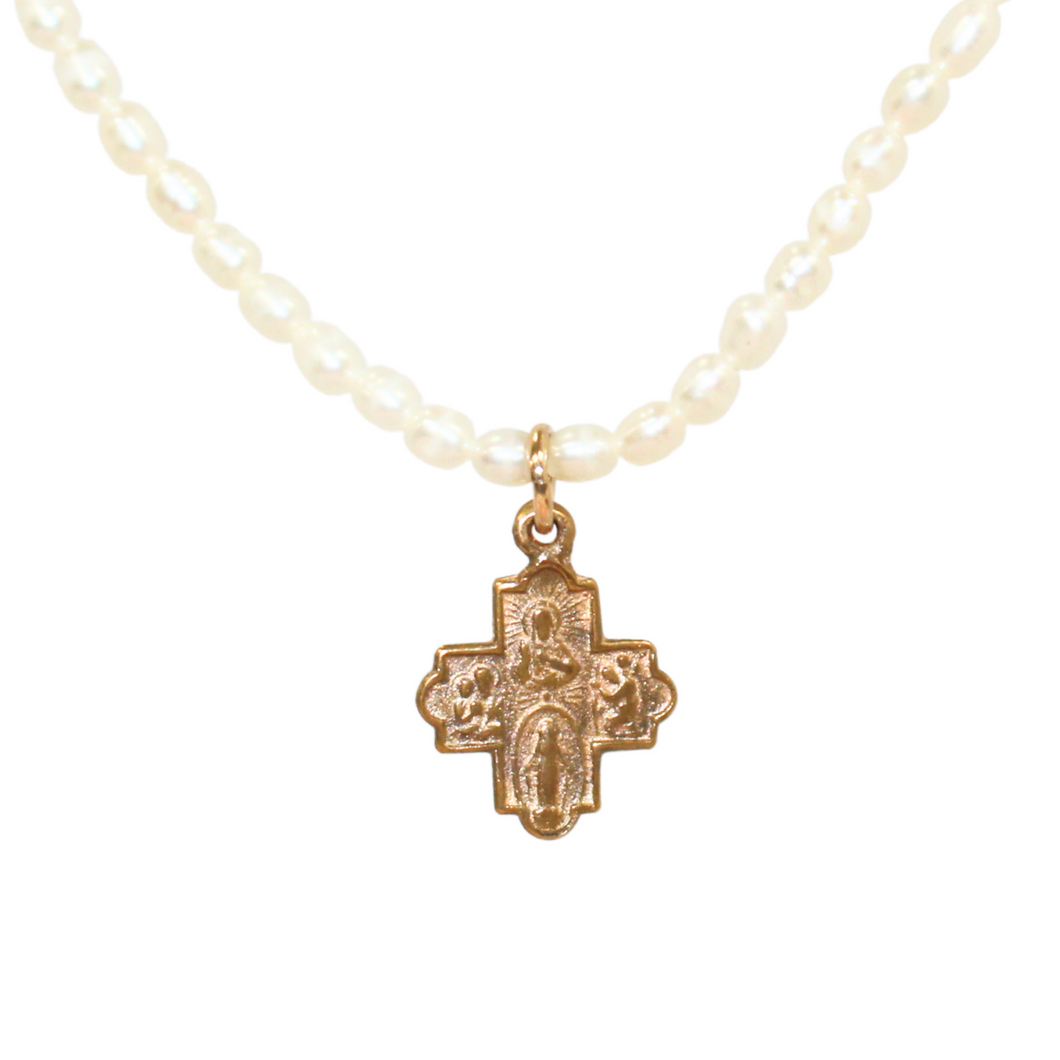 Fw Pearl Bronze Fourway Cross Necklace