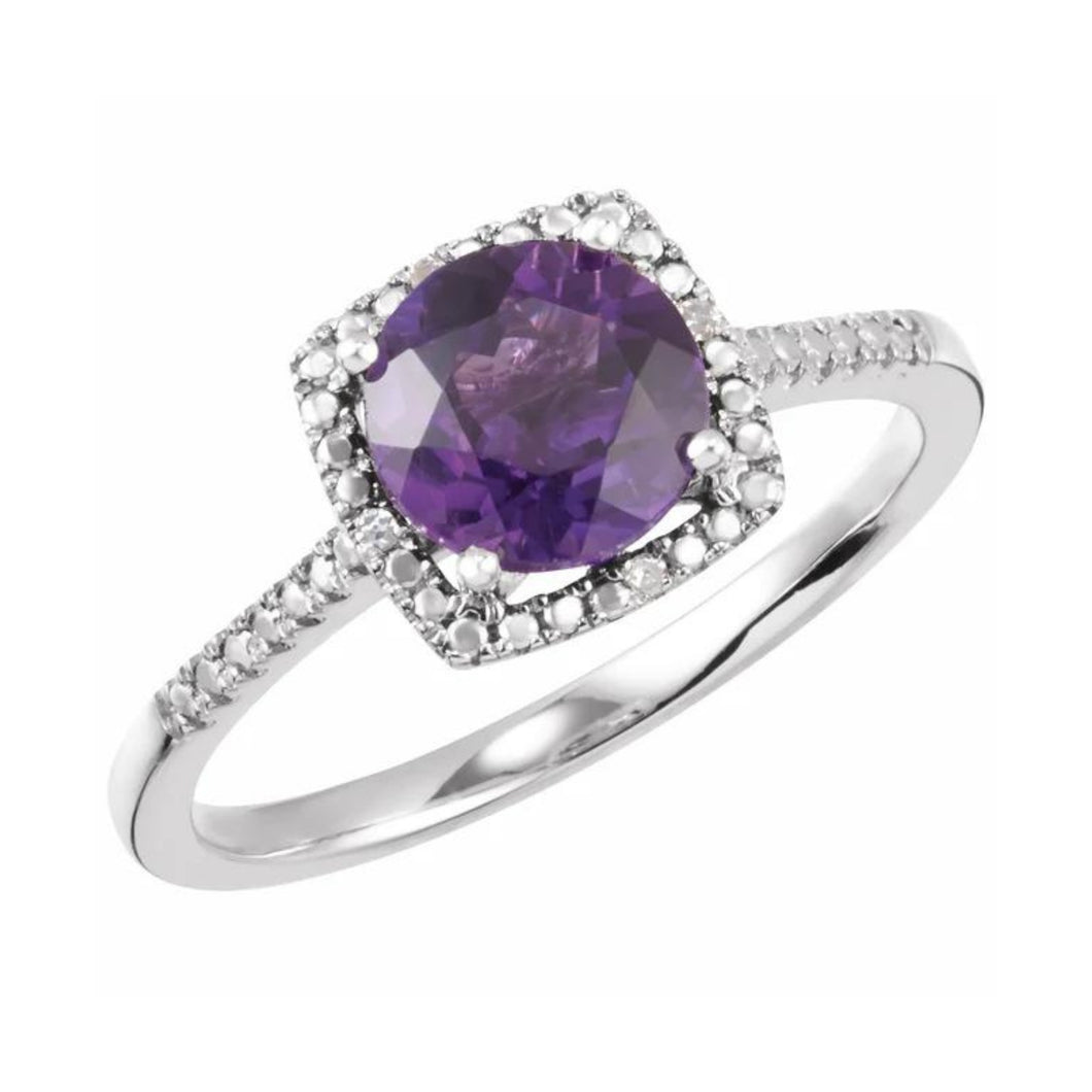 Sterling Genuine Amethyst And Diamond Ring