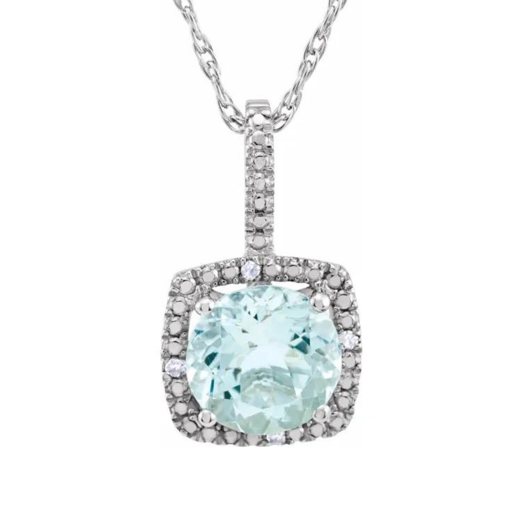 Sterling Synthetic Aquamarine And Diamond Necklace