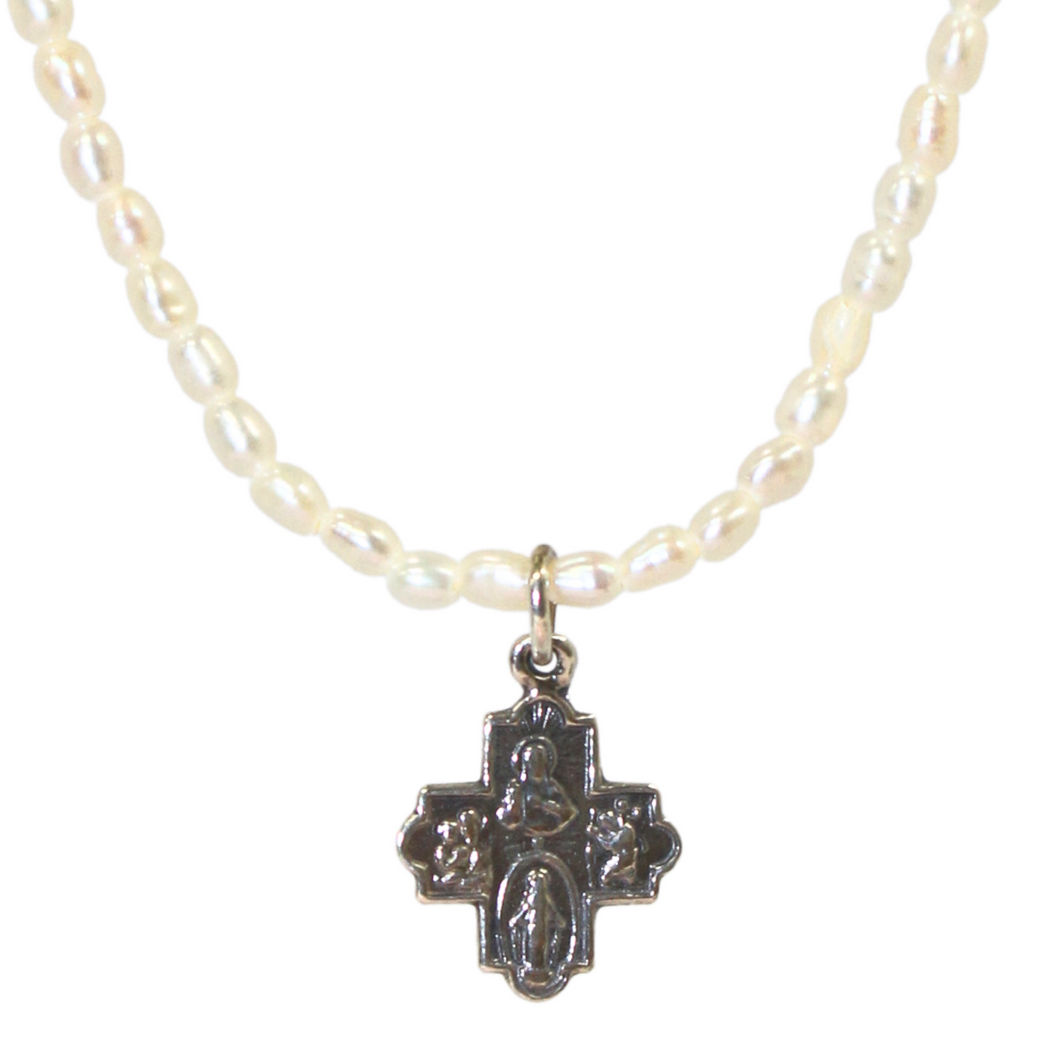 Fw Pearl Sterling Fourway Cross Necklace