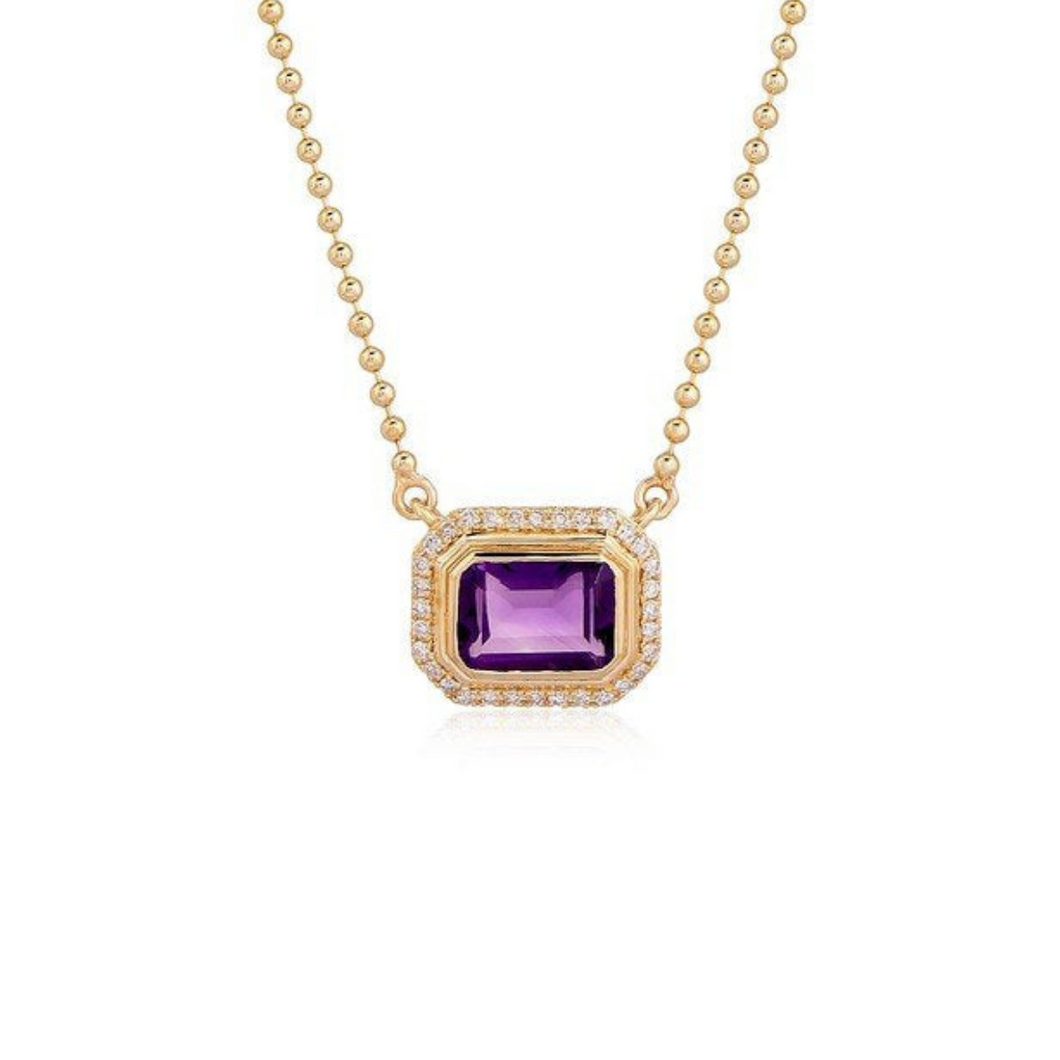 Amethyst And Diamond Pendant Bead Chain Necklace