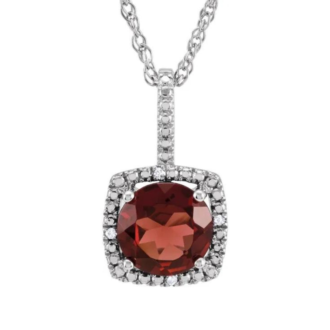 Sterling Genuine Garnet And Diamond Necklace