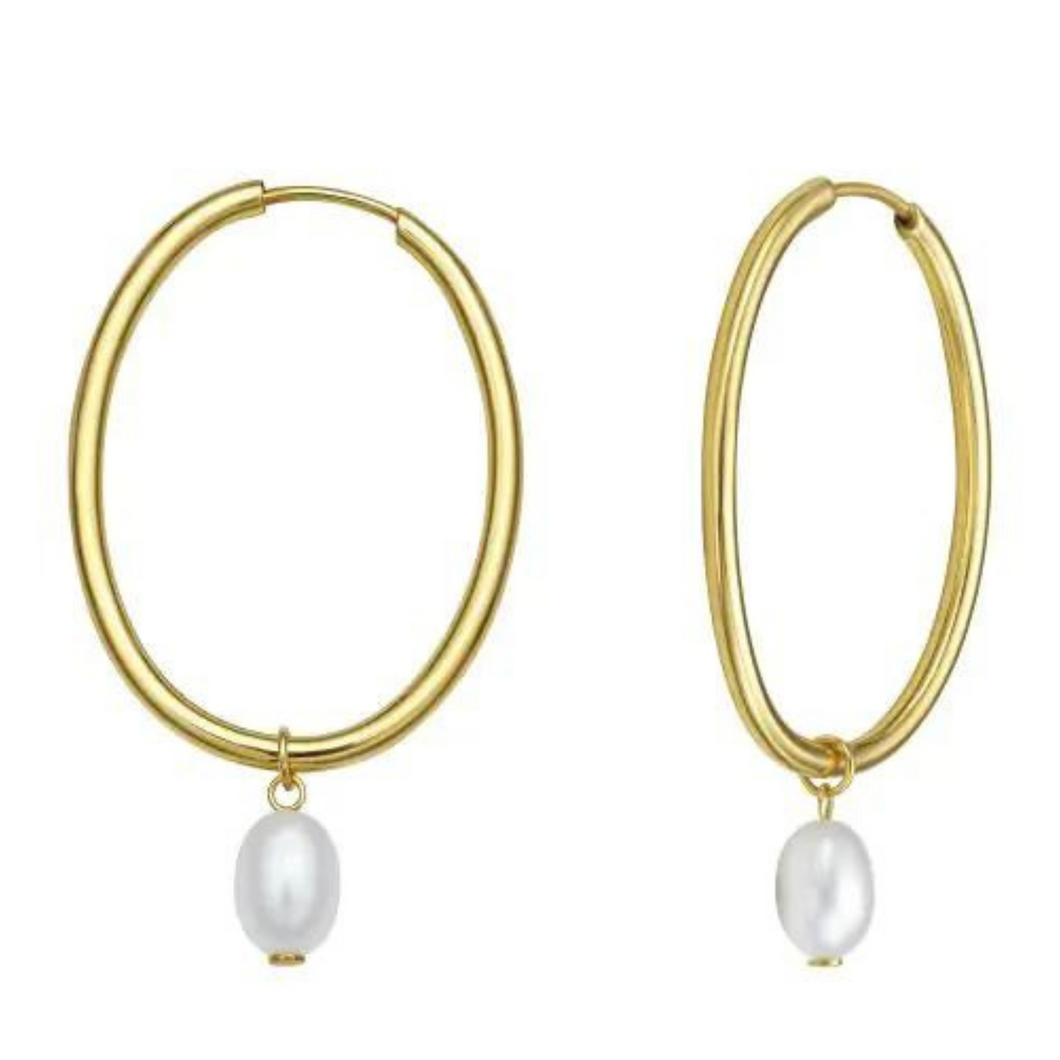 14K Pearl Drop Oval Hoops