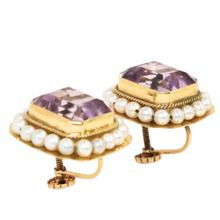 Load image into Gallery viewer, Amethyst  And Seed Pearl Screwback Earrings
