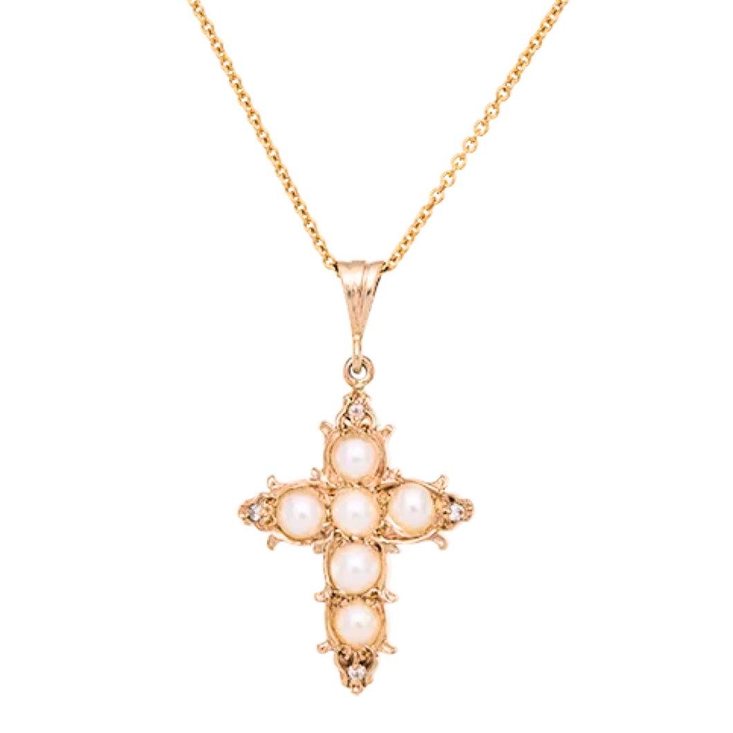 Pearl And Diamond Cross Necklace